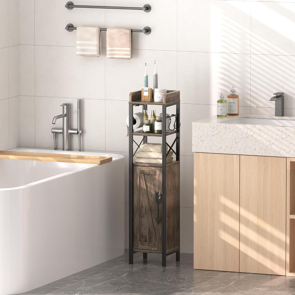 VECELO Small Bathroom Cabinet, Slim Toilet Paper Holder with Door&2 Shelv...