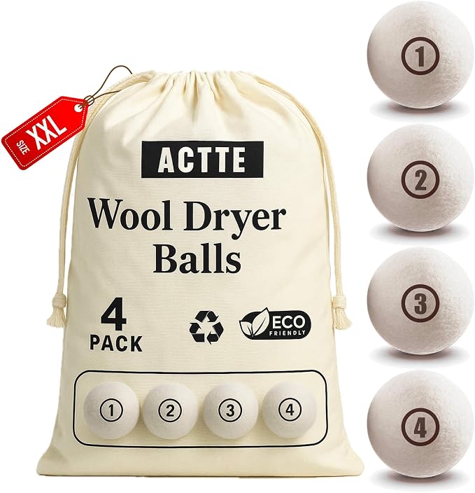 Sheep Wool Dryer Balls 4 Pack XXL Premium Natural Fabric Softener, Reusable by ACTTE