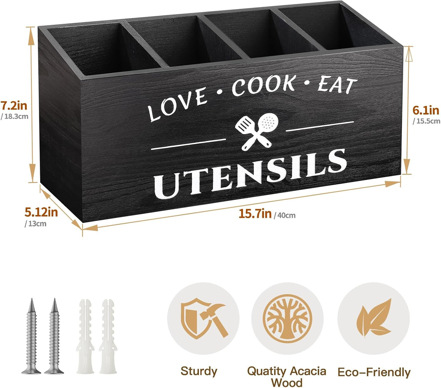 MINCORD Wooden Utensil Holder for Countertop | 4 Compartment Farmhouse Utensil Caddy & Flatware Organizer | Rustic Large Kitchen Wall Decor for Spoons, Forks, Parties