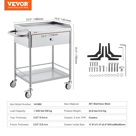 VEVOR Medical Cart, 2-Layer Stainless Steel Cart 220 lbs Weight Capacity - Image 7