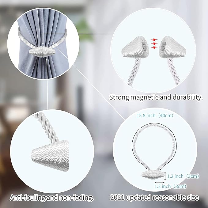 Hion Magnetic Curtain Tiebacks White 2pcs, Curtain Tiebacks Buckles Holdbacks - Image 3