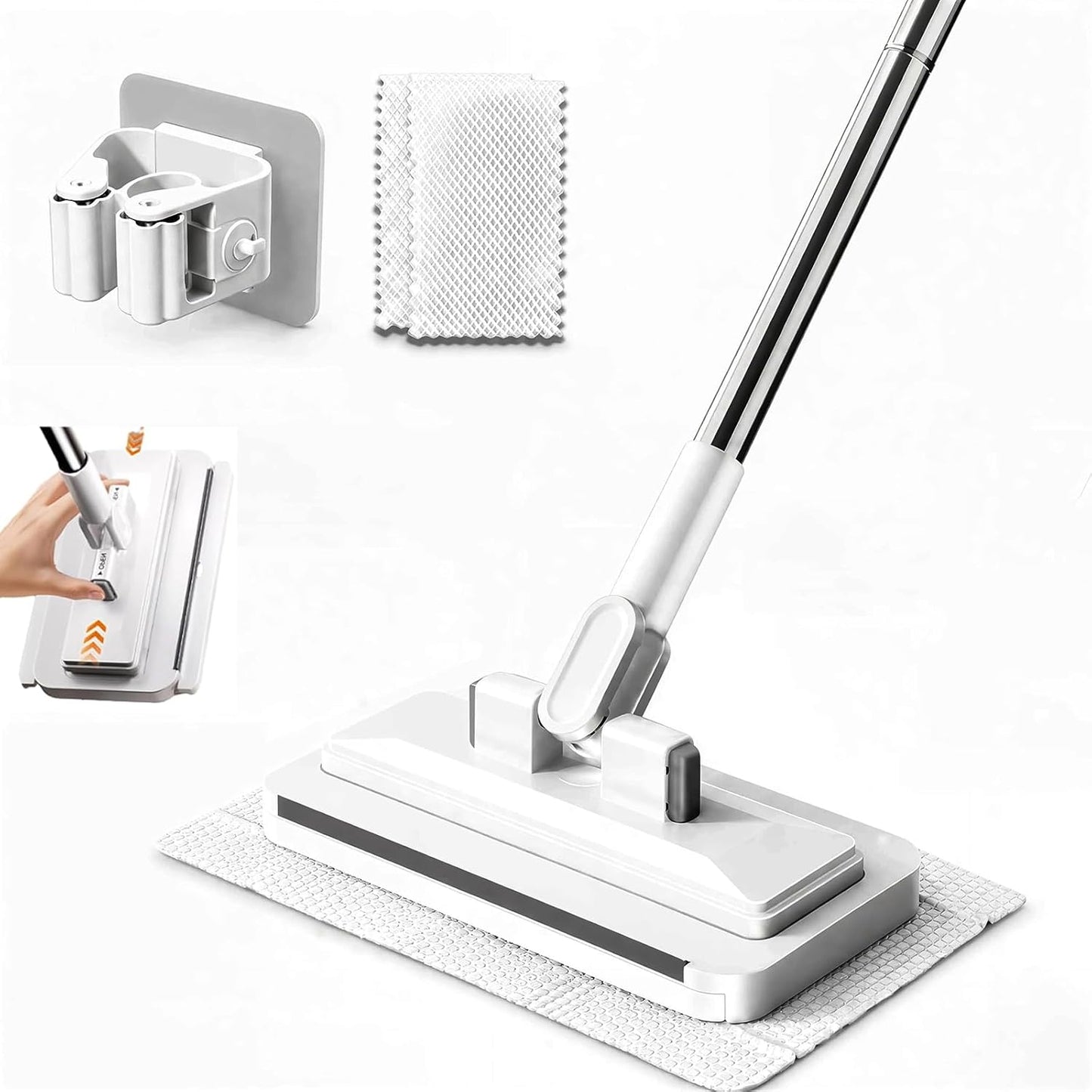 2026 New Hands Free Multi Purpose Flat Mop, Hands Free Flat Mop One Click, Shark Tooth Grip for Any Cloth, Zero Touch Dirty Cloth Release, Long 43.4" Handle with Glass Scraper