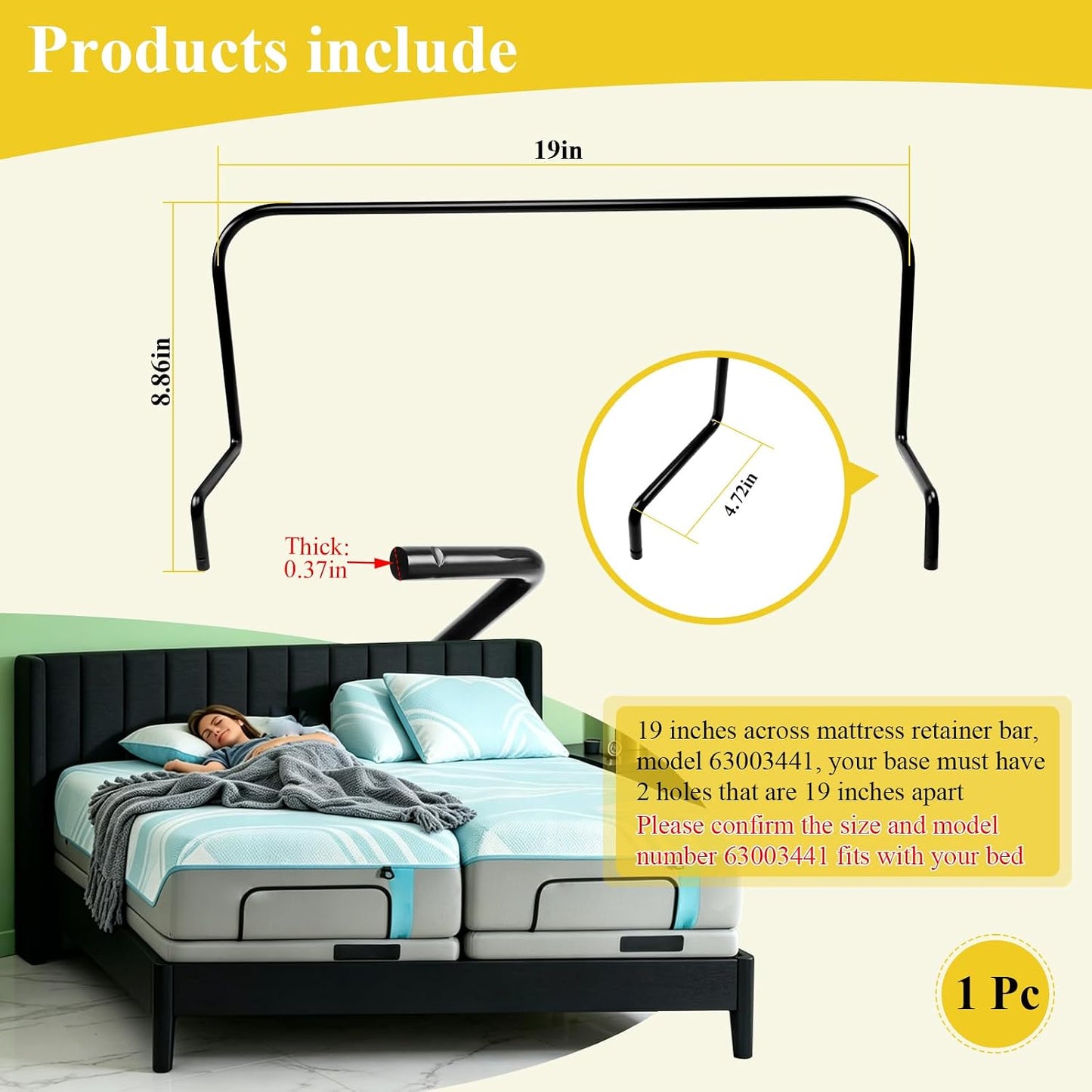 1 Pc 19" Across Mattress Retainer Bar 63003441, Fits for Tempur-Pedic Ergo, for Fixing the Mattress, Can not be Used for Lifting the Adjustable Bed, Prevent Mattress from Slipping, Foot Retainer Bars