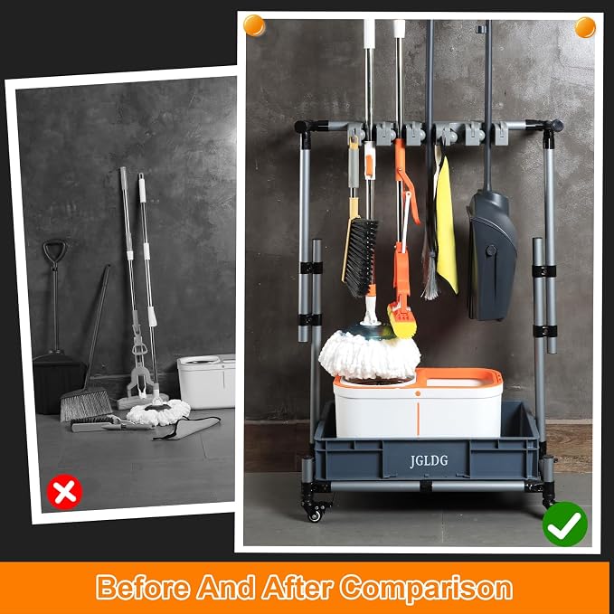 Freestanding Mobile Cleaning Tool Storage Rack, Mop and Broom Holder - Image 2