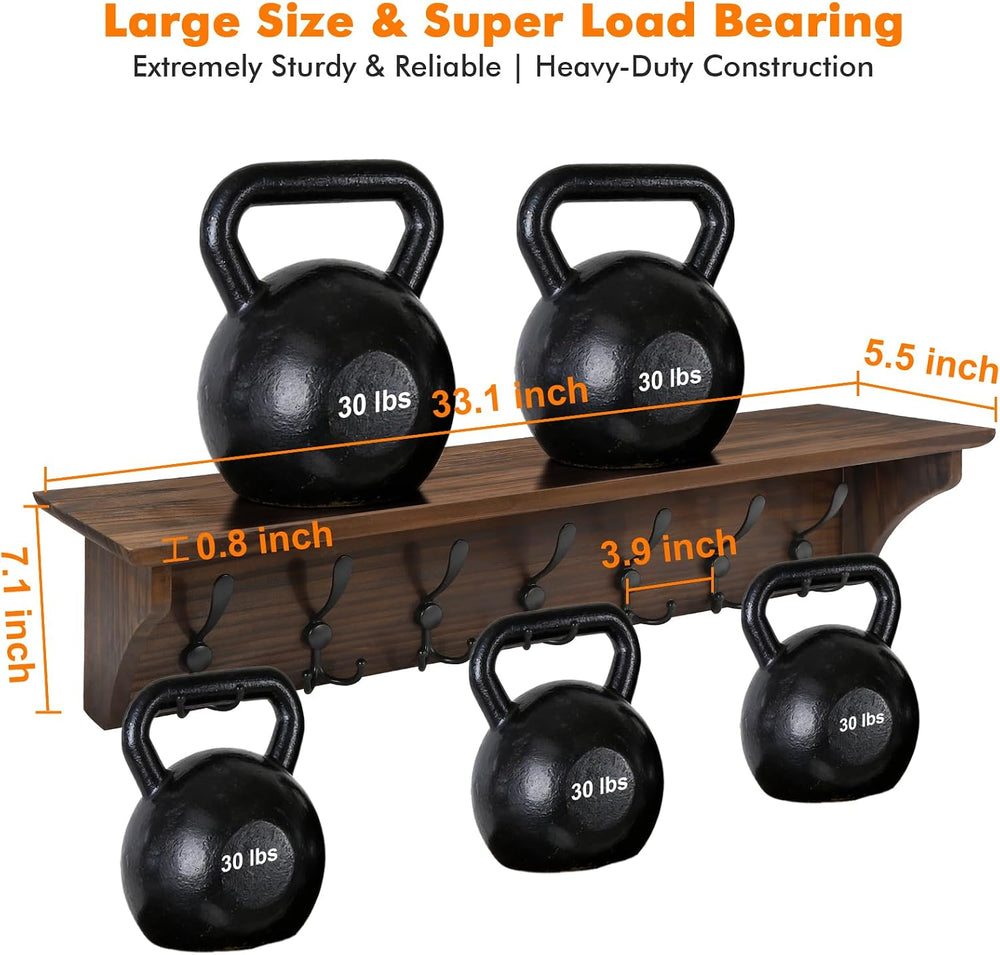 33" Coat Rack with Shelf Wall Mount, Pre-Assembled Solid Wood Coat Hooks...