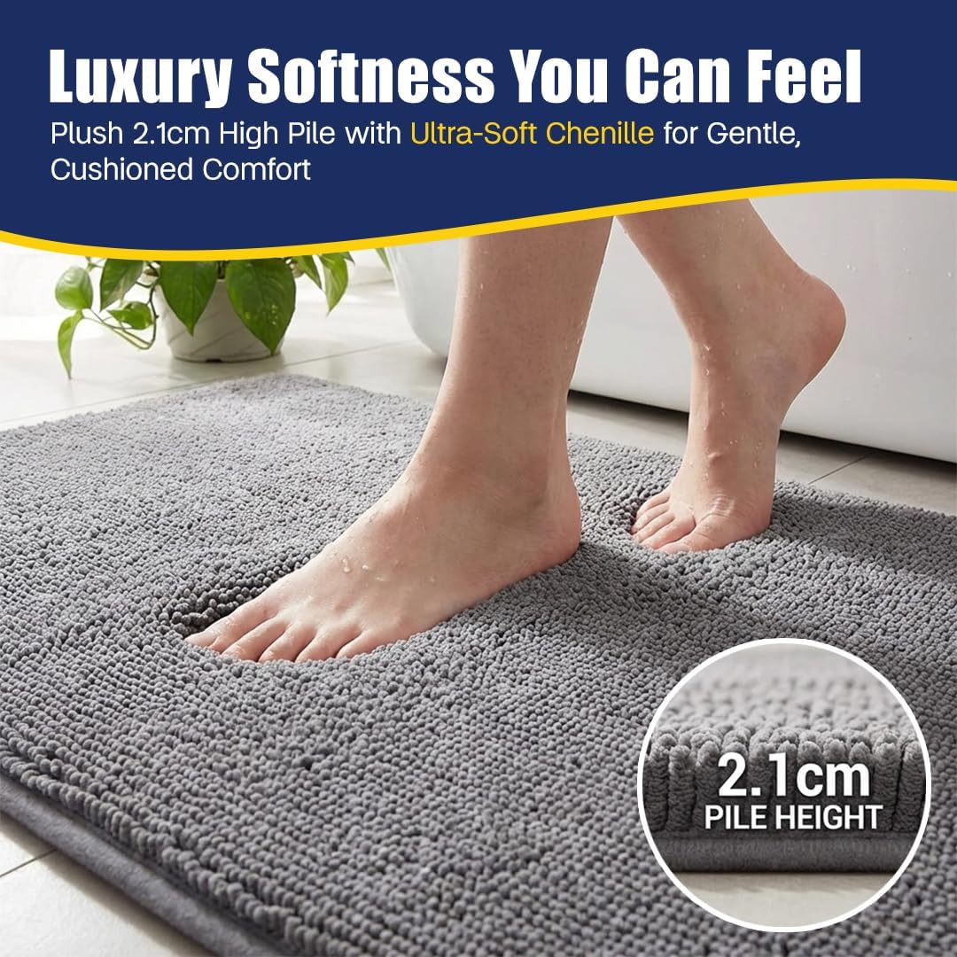 Muddy Mat® CloudStep Bathroom Rugs, Non Slip Bath Mats for Bathroom, Super Absorbent Memory Foam Chenille, Quick Dry Machine Washable Thick Toilet Rug for Shower Tub and Floor, Grey 18" x 28"
