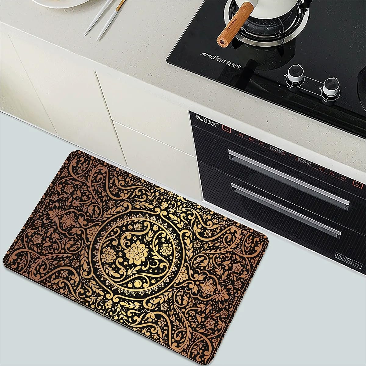 Bath Mat Rug,Black Gold Flower Non Slip Quick Dry Super Absorbent Thin Bathroom Rugs Fit Under Door-Easy to Clean Bathroom Floor Mats-Shower Rug for Shower Sink Bathtub(16" x 24"in)