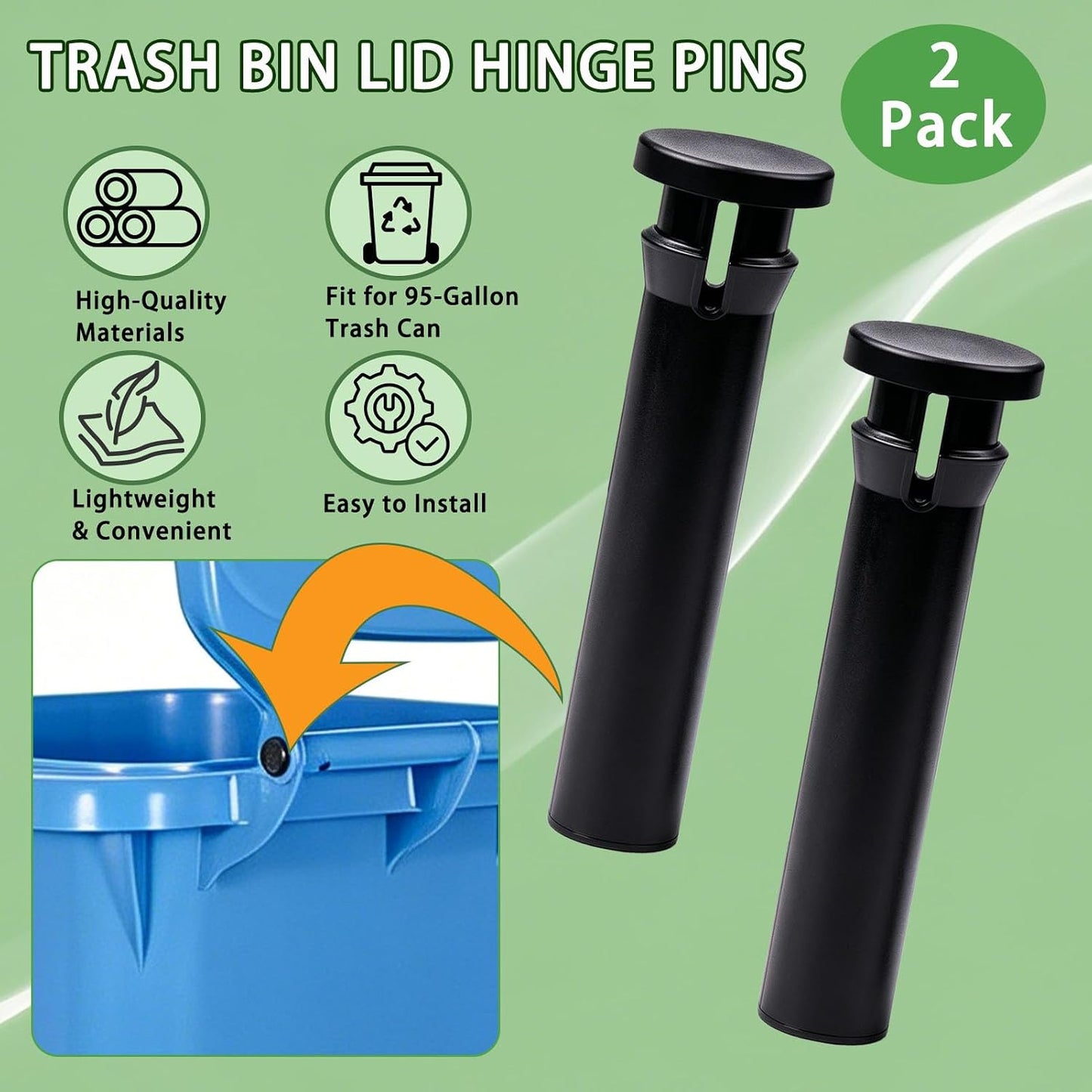 2 Pack Heavy Duty Wheelie Trash Can Bin Lid Hinge Pins Fit for Rehrig Sierra Huskylite 95-Gallon Wheeled Trash Can Lids Latch Stronger for Outdoor Household Commercial Wheelie Trash Bins Accessories