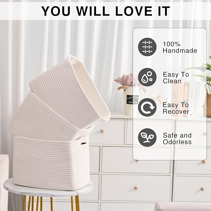 Storage Baskets for Organizing Shelves, Woven Cotton Rope Bins for Baby Nursery