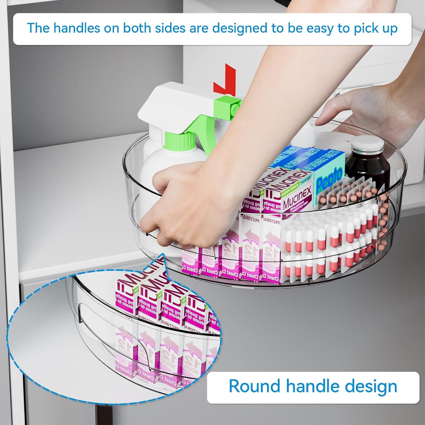 4 Pack 12" W Clear Acrylic Lazy Susan Turntable for Cabinet,Refrigerator,Pantry and Kitchen - with Handle - Large Fridge Sauce Condiment Turn Table Organizer,Spinning Round Spice Rack Carousel