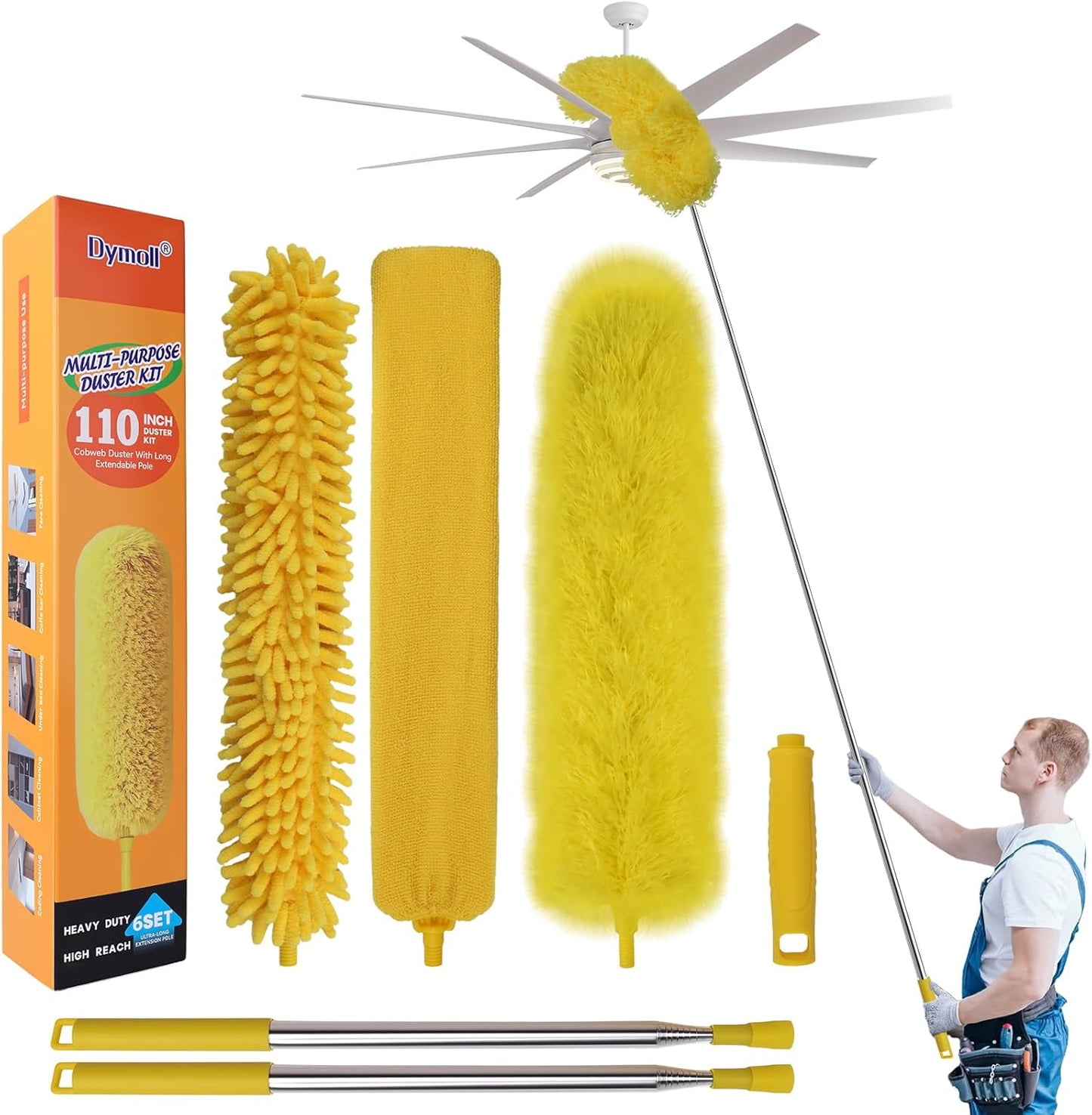 Dymoll Cobweb Duster with Extension Pole, 110" Microfiber Feather Duster Kit with Bendable Washable Heads, Spider Web Brush, Dusters for Cleaning Ceiling Fan, High Ceiling, Blinds, Furniture,2Pcs