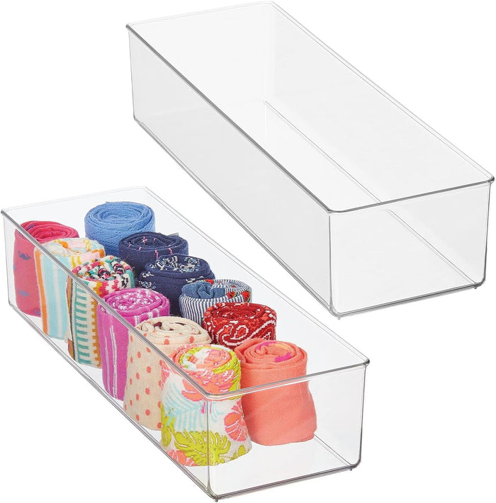 mDesign Plastic Drawer Organizer Box, Long Storage Organizer Bin Container; For Closets, Bedrooms, Use for Leggings, Socks, Ties, Jewelry, Accessories - Lumiere Collection - 2 Pack - Clear