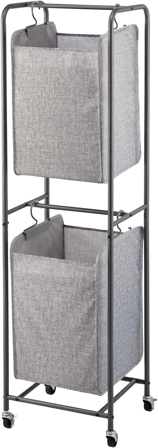 mDesign Vertical Stacked Laundry Hamper Basket with Wheels, Portable, 2 Remov...