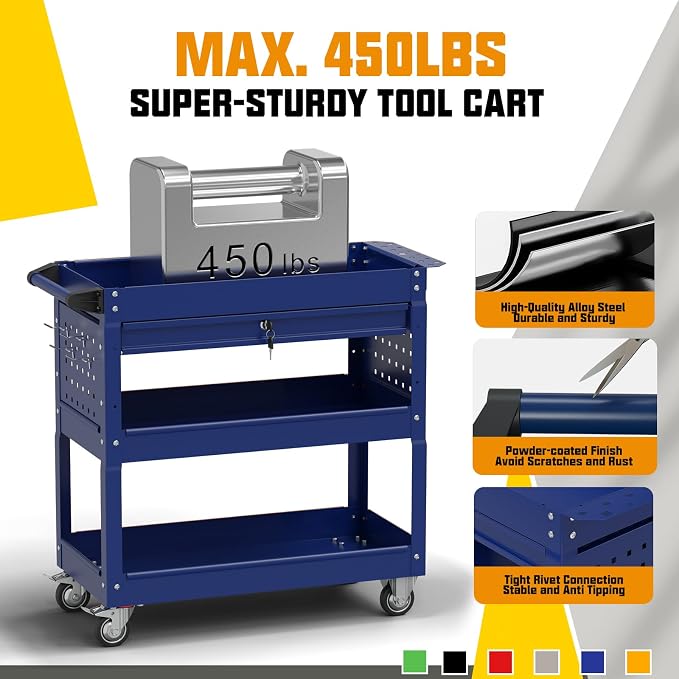 3 Tier Rolling Tool Cart with Drawers, 450 LBS Capacity Tool Cart on Wheels - Image 3