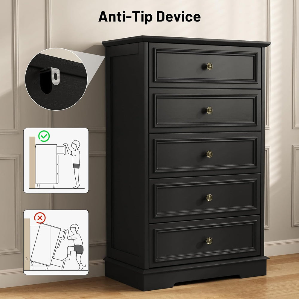 Black 5 Drawer Dresser, 44" Tall Wooden Dresser and Chest of Drawers for...