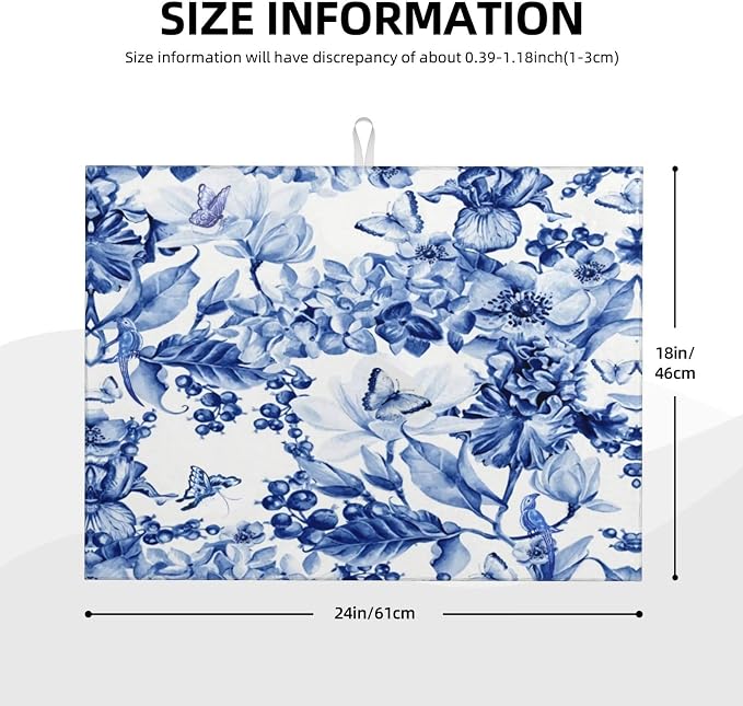 Chinoiserie Blue And White Floral Butterfly Dish Drying Mats - Image 3