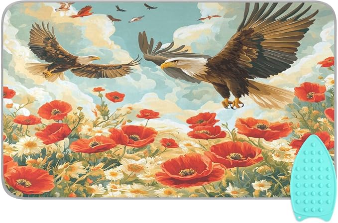 Vivid Poppy Wildflowers and Eagles Ironing Mat Thickened Ironing Blanket Travel by QwThum