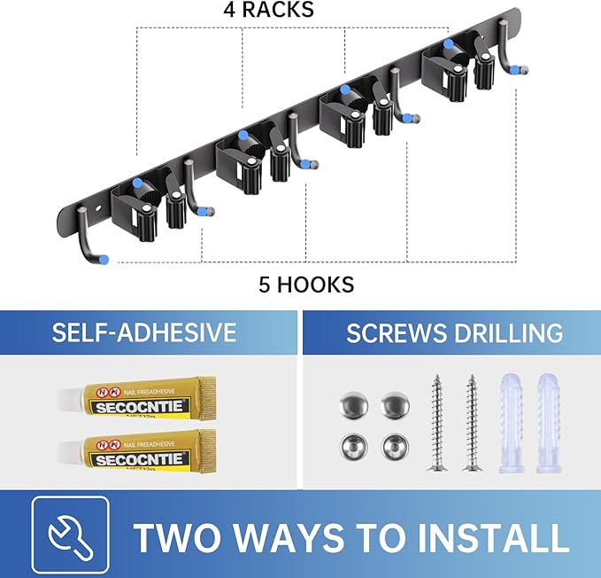 ZONGOOL 4 Racks and 5 Hooks Broom Holder Wall Mount Mop Hanger Wall Mount Metal - Image 6
