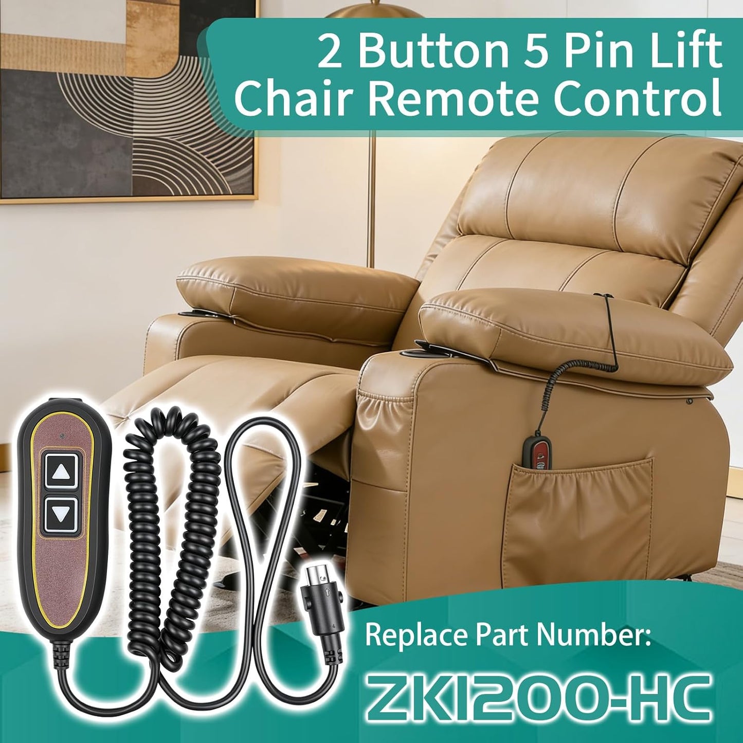 2 Button 5 Pin ZK1200-HC Lift Chair Remote Replacement for Golden, Backlight Hand Control with USB Port for Charging, Fits for Limoss, Kaidi Motors Power Recliners