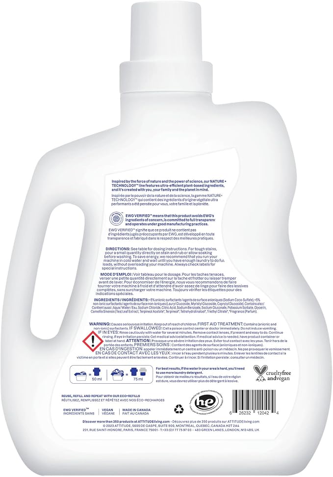 ATTITUDE Liquid Laundry Detergent, EWG Verified, HE Compatible, Plant-Based & - Image 7