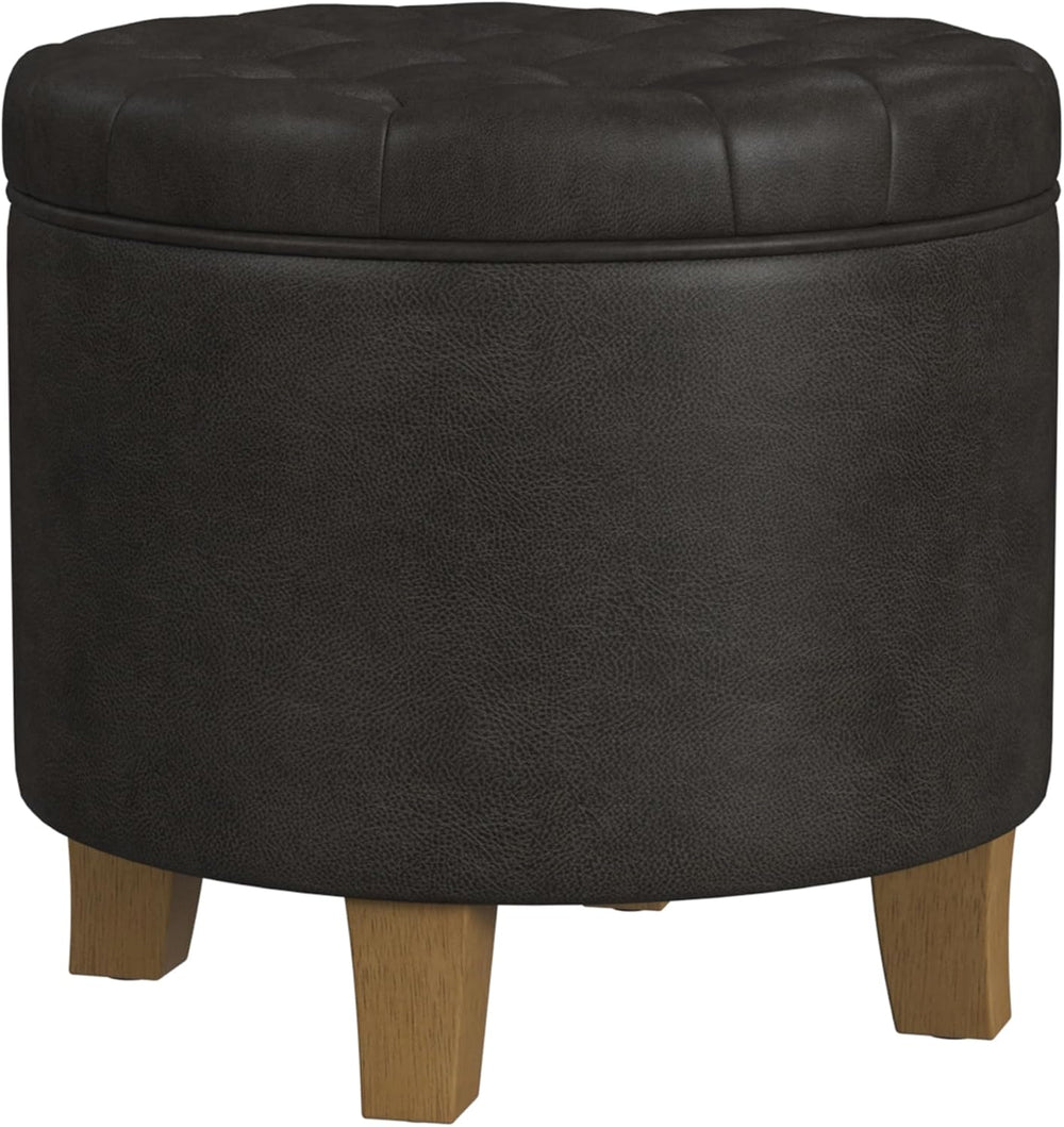 HomePop 19" Faux Leather Button Tufted Round Storage Ottoman - Black