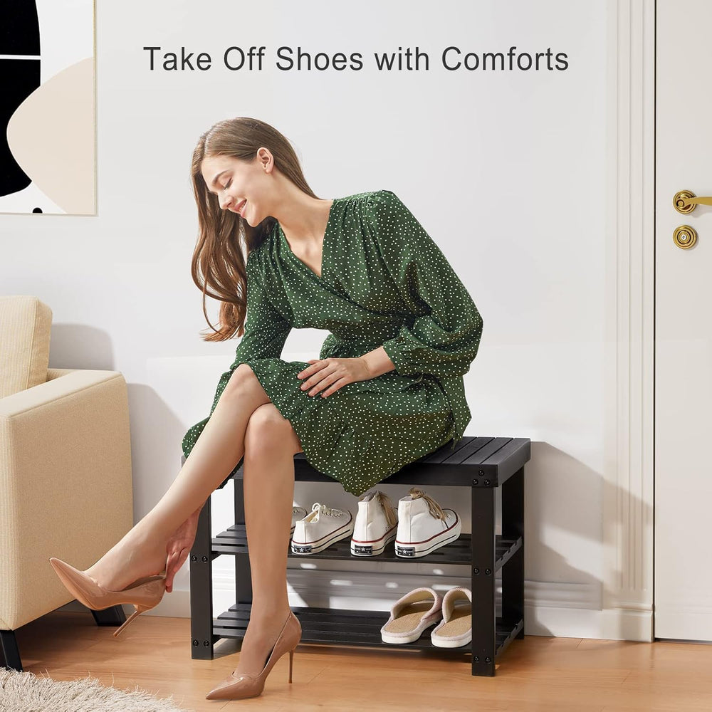 Pipishell 3 Tier Bamboo Shoe Rack Bench for Entryway, Black