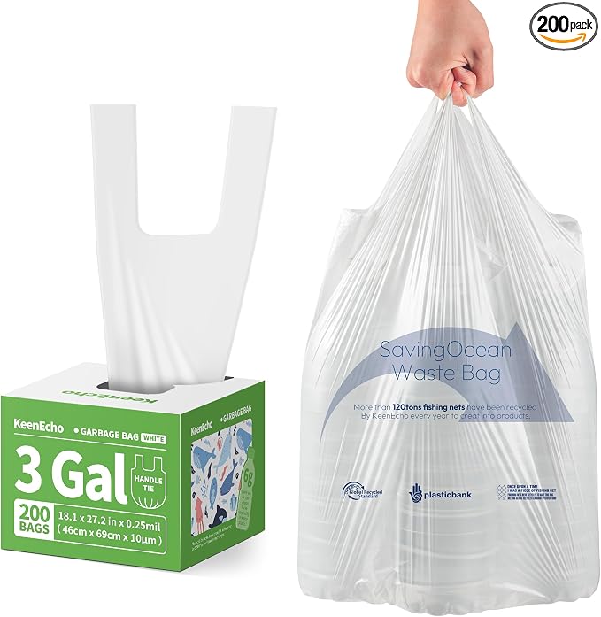 Small Trash Bags with Handles 3 Gallon 200 Count White by KeenEcho