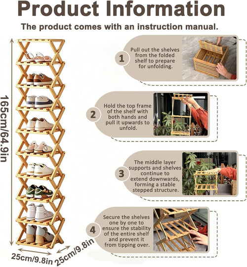 10 tier bamboo shoe rack, foldable 10 tier shown in use