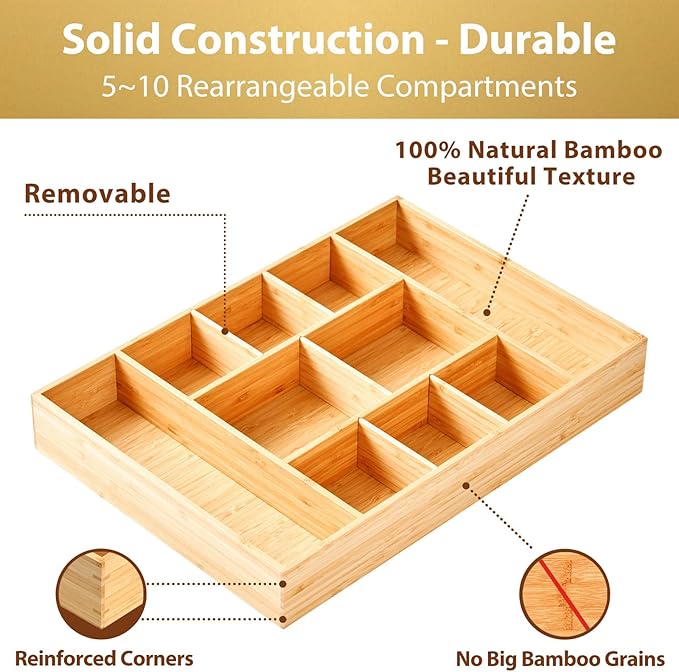 Umilife Extra Large Bamboo Desk Drawer Organizer, Wood Junk Organizer Tray - Image 5