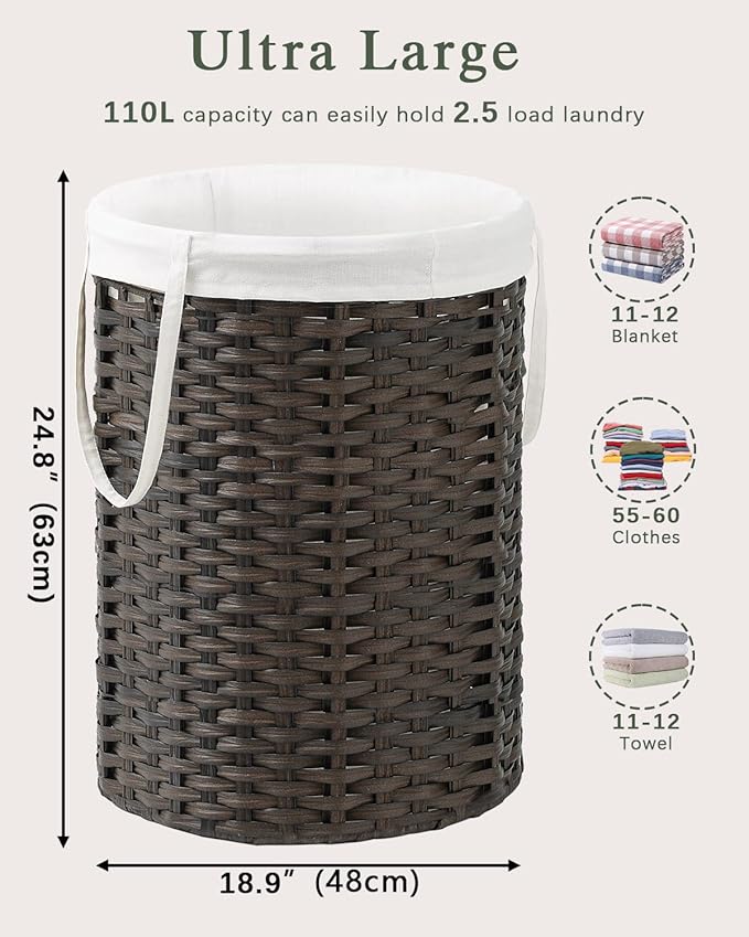 Laundry Basket Round Rattan Laundry Hamper 29.1 Gal Handwoven Large Wicker - Image 5