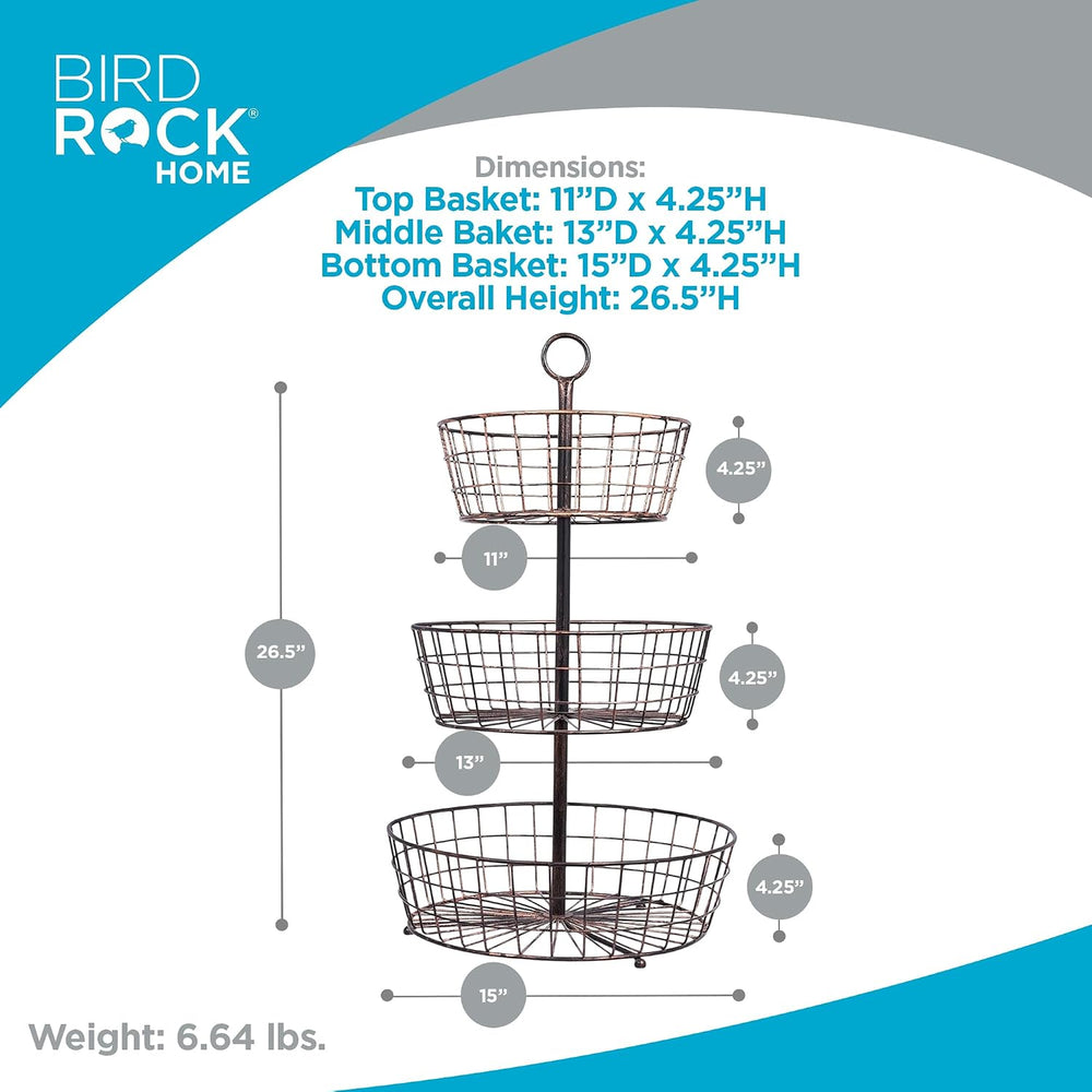BIRDROCK HOME 3 Tier Wire Fruit Basket | Round Metal Standing Baskets | Fruit...