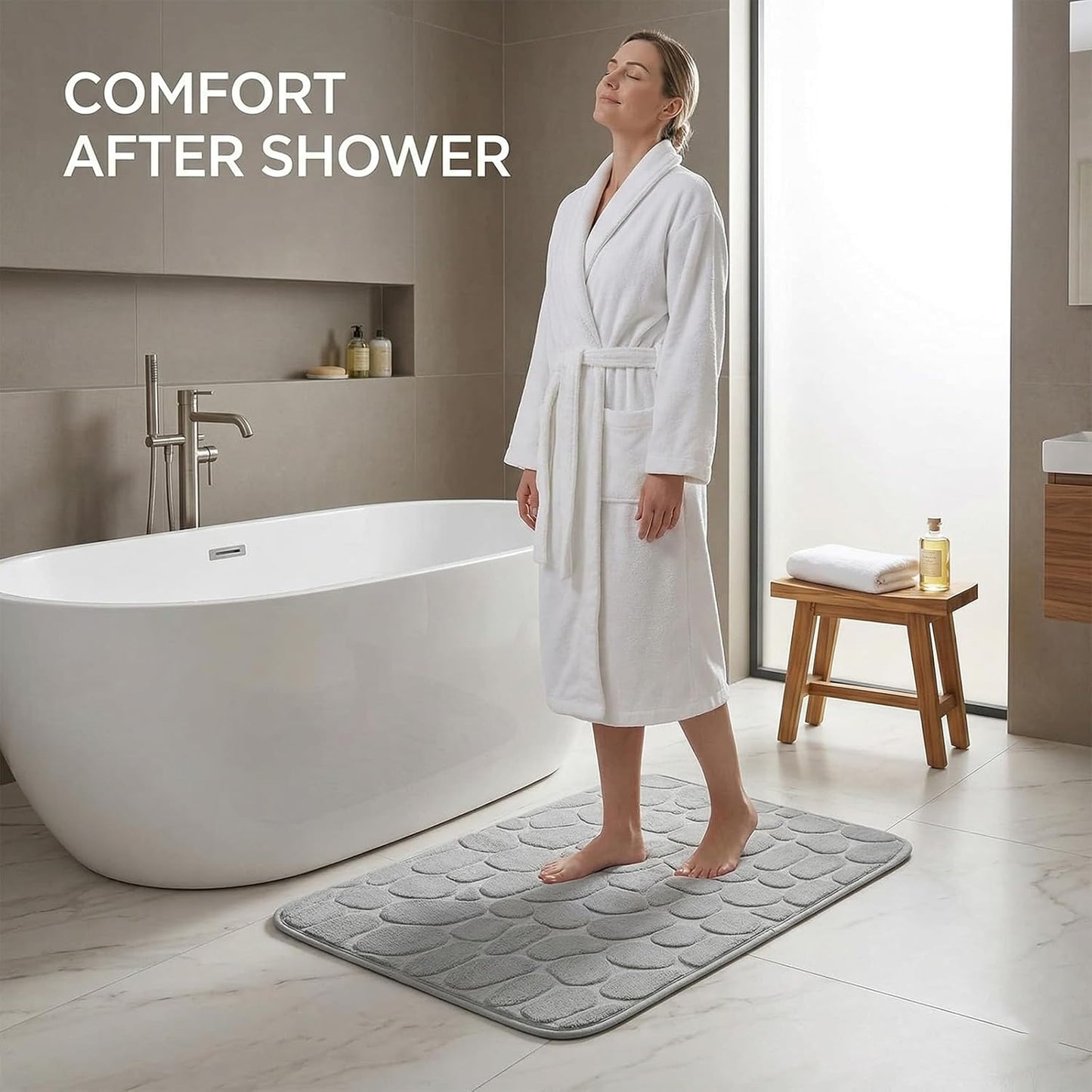 Non Slip Memory Foam Bath Rug, Soft and Comfortable Cobblestone Bathroom Rugs, Water Absorbent Shower Bath Mat for Tub and Sink(23.6 x 15.75 Inch)