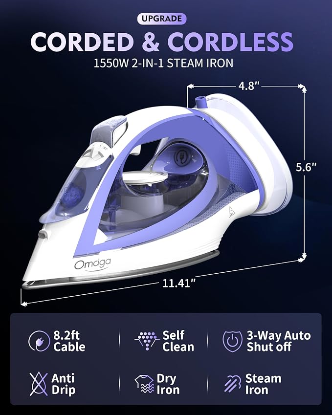 Cordless Iron for Clothes, 1550W 2-In-1 Cordless/Corded Steam Iron Rapid Heating - Image 3