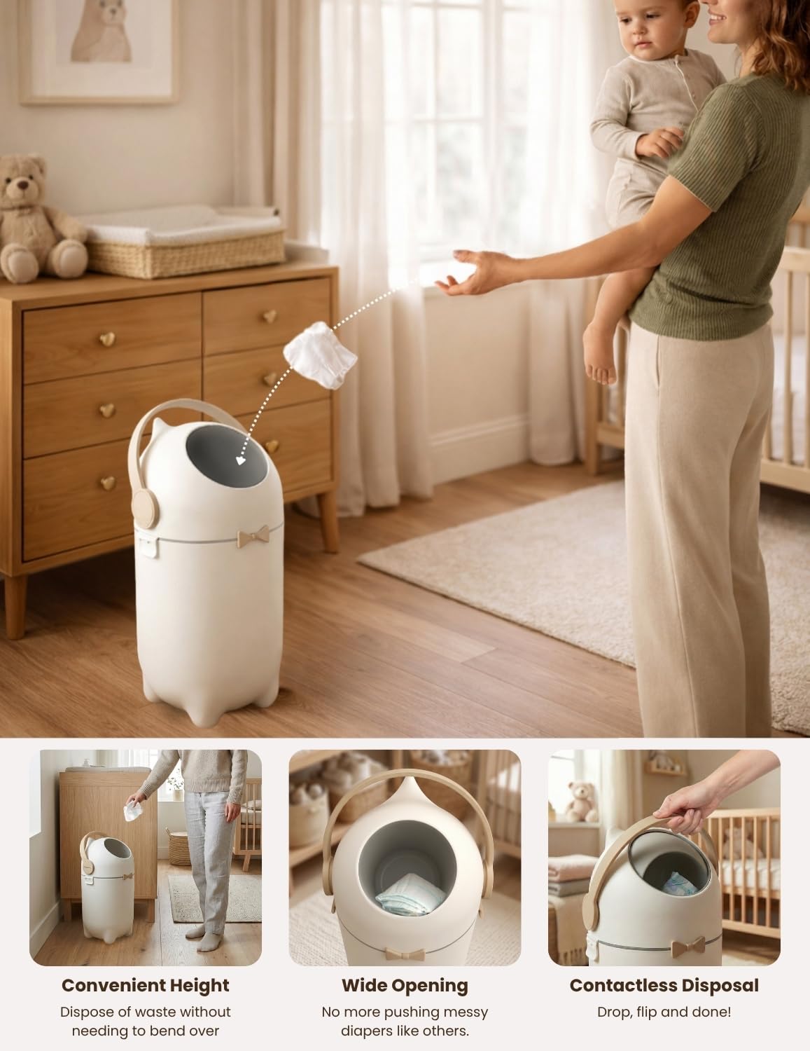 iTouchless 4 Gal Kids Room Wastebasket | Odor-Sealing Bin | Boho Ivory | Rotating Ball Seal Traps Smells | Soft Neutral Accent Color Tone | Flip-Up Handle Opens With A Free Hand Every Single Time