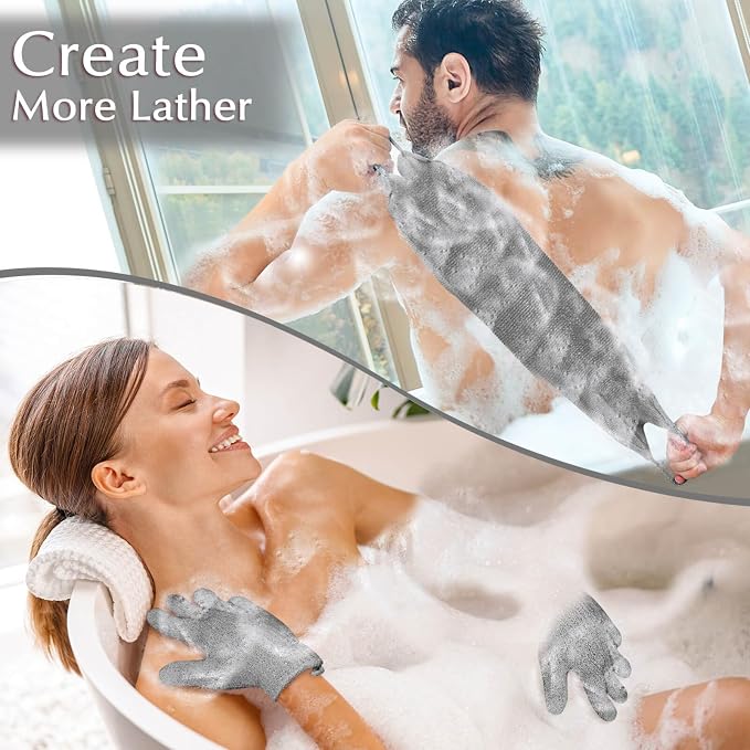 Anezus Exfoliating Back Scrubber Bath Gloves Set, Exfoliating Shower Towel - Image 2
