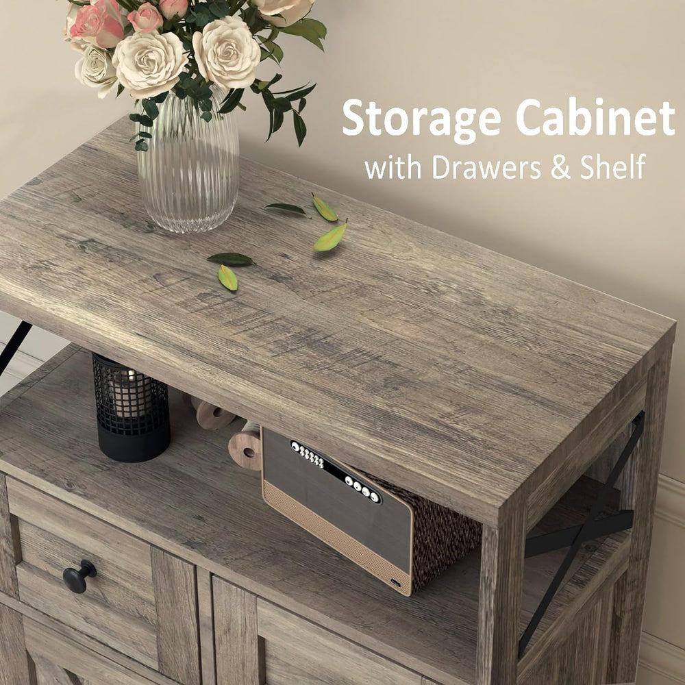 Grey Farmhouse Storage Cabinet with Doors and Drawers, Small Pantry Cabinet