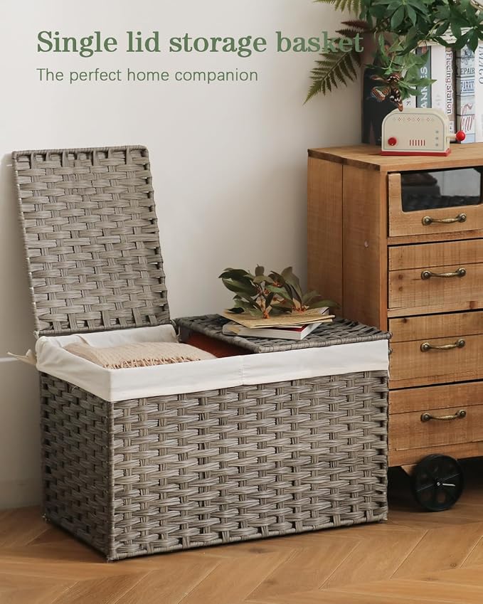 Storage Basket with Lid Rattan Storage Basket with 2 Separate Lid, 27.8 Gallon - Image 2