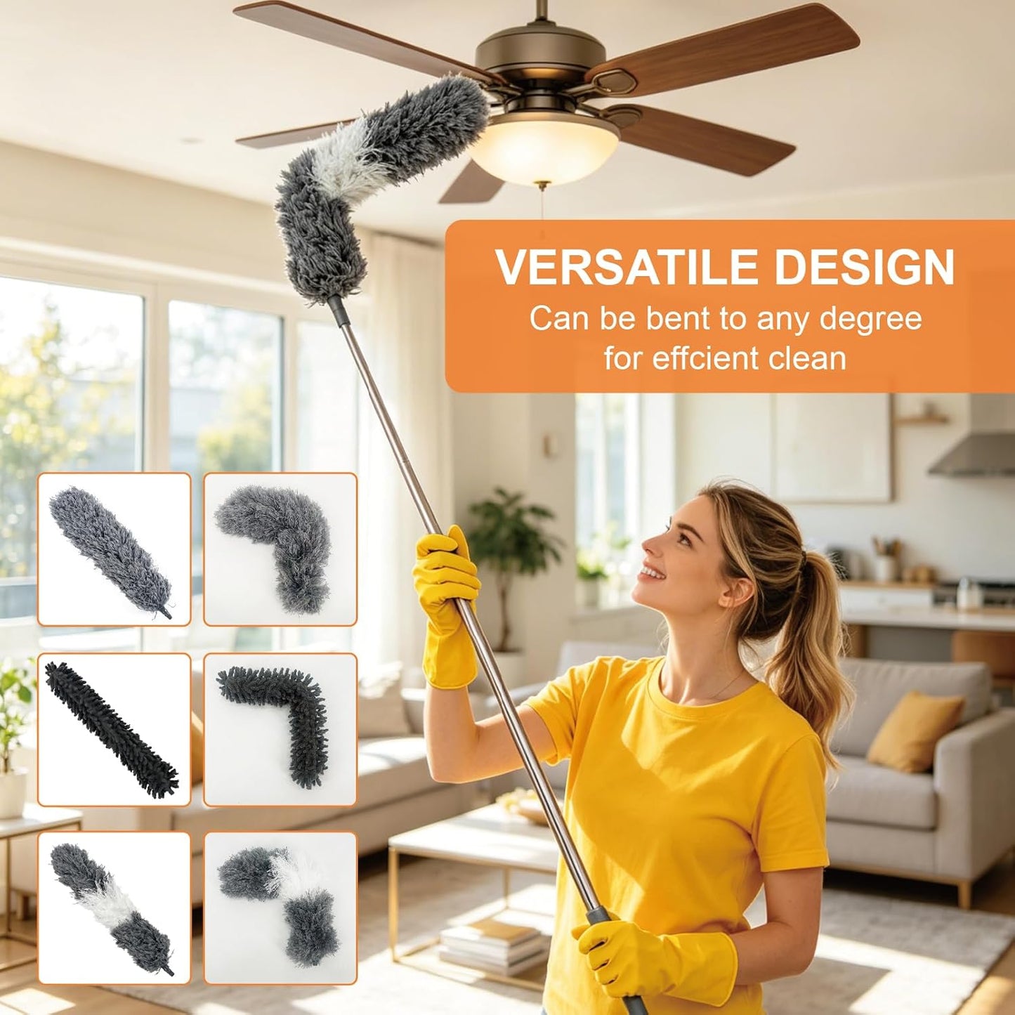 15 PCS Feather Dusters for Cleaning, Microfiber Duster with Extension Pole 100in, Extendable Duster for High Ceilings, Ceiling Fans, Baseboards, Blinds, Car Interior - Washable Reusable Dusting Tools