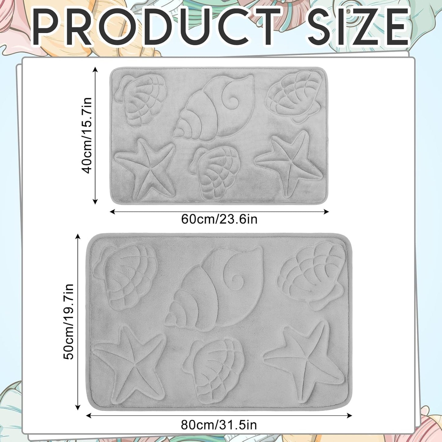 Tinideya Set of 2 Memory Foam Shell Starfish Bath Rugs Sets Ocean Beach Bathroom Mat Soft Absorbent Non Slip Floor Carpet for Coastal Bedroom Living Room Kitchen Entryway Indoor Decorations