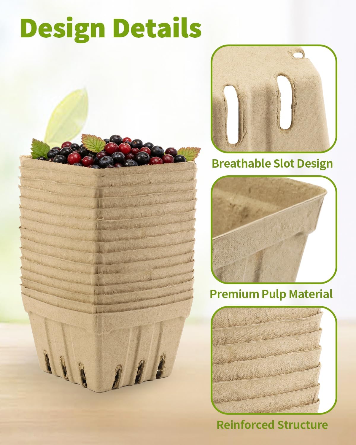 30 Pack Natural Pulp Fiber Berry Basket (4.3x4.3x2.75 Inch), Natural Pulp Produce Baskets & Berry Containers, Vented Strawberry Baskets for Farmers Market Decor, Grocery Store and Kitchen Display