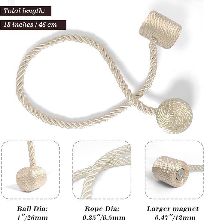 Hion Magnetic Curtain Tiebacks Beige 2pcs, Curtain Tiebacks Buckles Holdbacks - Image 3