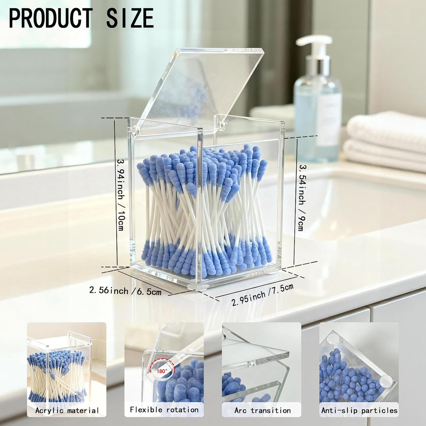 Clear Acrylic Qtip Holder with Lid, Cotton Balls Swab Organizer | 2.95" x 2.56" x 3.94" Dispenser for Makeup Pad, Floss Picks, Bath Salts, Cosmetic Storage Case, Home Bathroom Decor