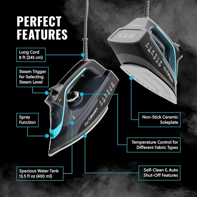 Pursteam SteamBurst+ 1750W Steam Iron, Ceramic Soleplate, Adjustable Steam - Image 6