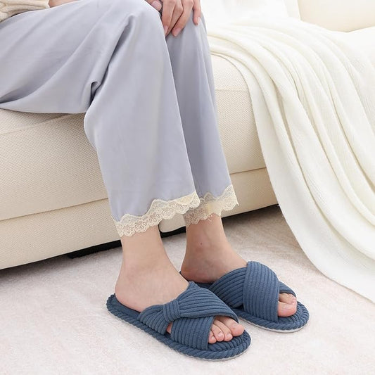 Evshine Summer House Slippers for Women Corduroy Cross Bow Indoor Slippers Open - Image 2