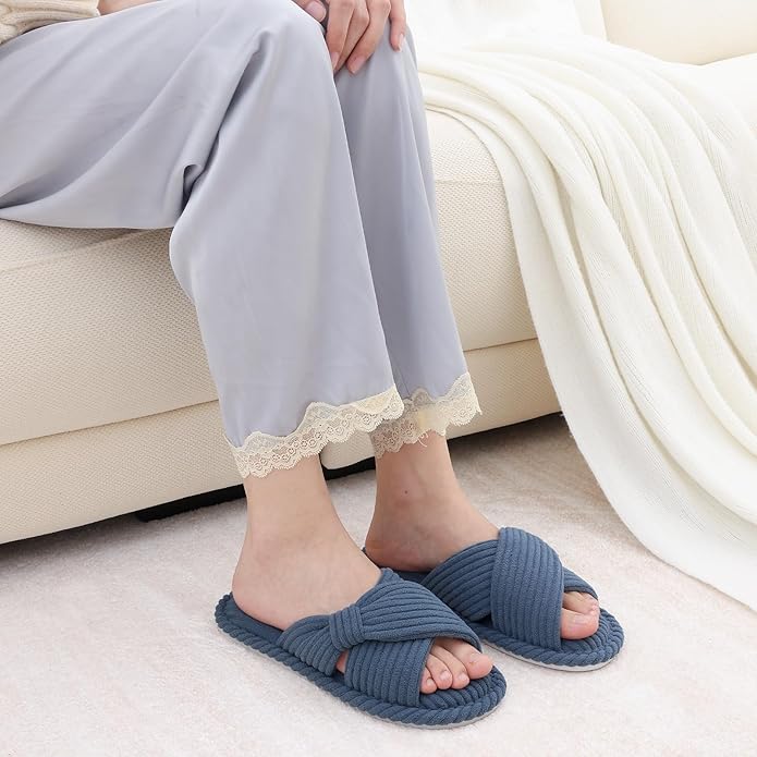 Evshine Summer House Slippers for Women Corduroy Cross Bow Indoor Slippers Open - Image 2