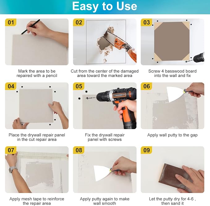 Drywall Repair Kit with 12"x12" Dry Wall Repair Panel, 33-in-One Drywall Patch - Image 7