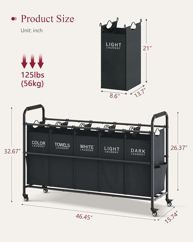 Tajsoon 5 Bag Laundry Sorter Cart, 5 Section Laundry Hamper - Image 4
