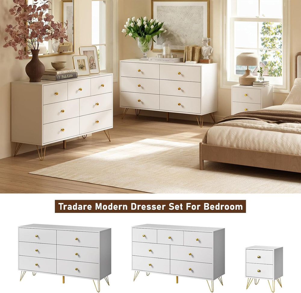 Tradare White Dresser for Bedroom, Modern 7 Drawer Dresser with Gold Handles ...
