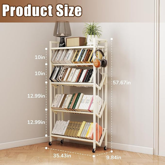 Book Carts 5 Tier 57.7x35.4x9.84 in Rolling Book Cart Large Capacity Bookshelf - Image 2