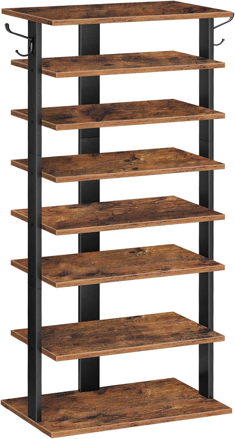 HOOBRO 8 Tiers Vertical Shoe Rack, Wooden Shoe Storage Organizer with Hooks, ...